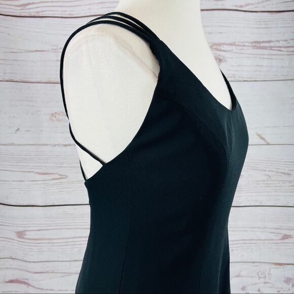 Cache vintage long black dress crisscross back silk front slit - Picture 6 of 13